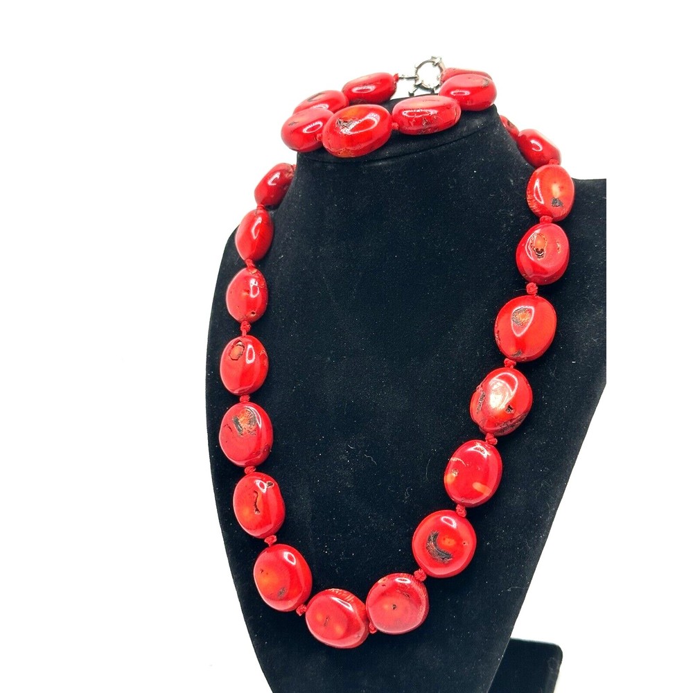RED Lg GENUINE CORAL NECKLACE & BRACELET SET Statement/Runway/Chunky “Gorgeous”